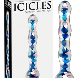 Icicles No. 08 - hullámos, kétvégű, üveg dildó (átlátszó-kék)