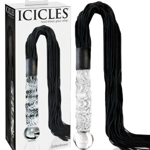 Icicles No. 38 - bőr korbács és üveg dildó (átlátszó-fekete)