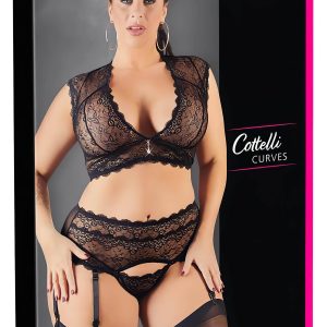 Cottelli Plus Size - strasszos, csipke fehérnemű szett (fekete)