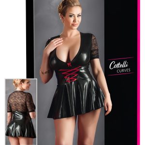Cottelli Plus Size - fényes ruha piros fűzővel (fekete)