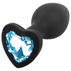 Sunfo - szilikon anál plug szív alakú kék kővel (fekete)