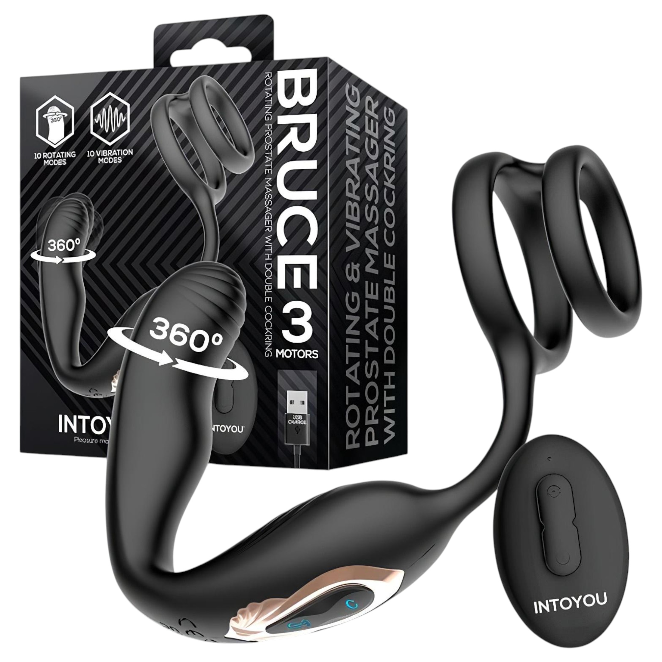 IntoYou Bruce – rádiós forgó prosztatavibrátor dupla gyűrűvel (fekete)